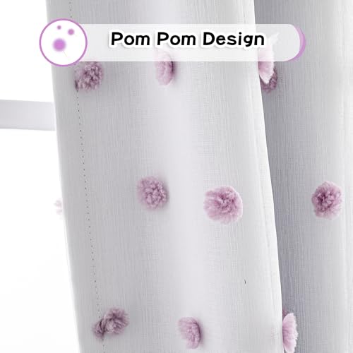 100% Blackout Curtains for Girls Bedroom 80 Inches Long Total Light Blocking Curtains for Living Room 2 Panels Grommet Room Darkening Window Drapes with Purple Pom Pom Sheer 50W x 80L (2 Count)