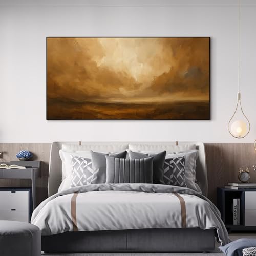 36"x72" Extra Large Framed Wall Art Golden Horizon Abstract Landscape Warm Brown and Amber Sky Illustration for Home Living Room Bedroom Decor