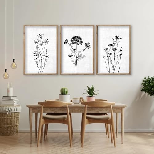 Flower Plant Wall Art Decor 16"x11" Set of 3 Black And White
