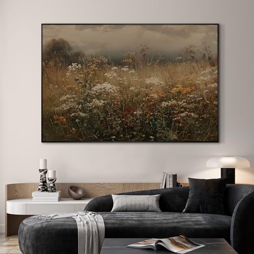46"x72" Extra Large Framed Wall Art Autumn Meadow Landscape Rustic Brown and Golden Field Illustration for Home Living Room Bedroom Decor