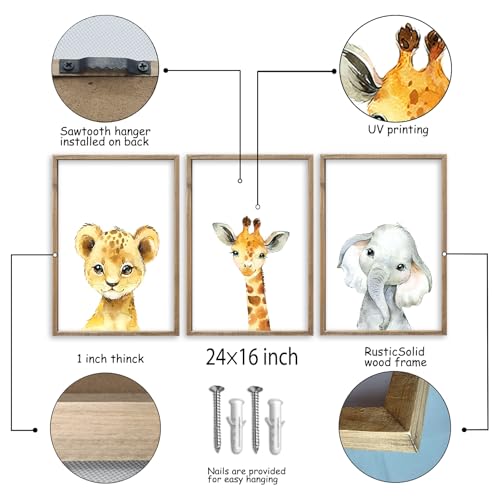 Baby Safari Nursery Wall Art Decor 24x16 Inch Set of 3 Wood Framed