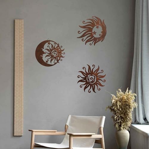 Set of 3 Rust Colored Sun Moon Metal Wall Art (3 Count)