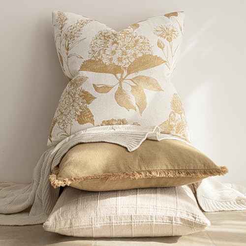 Set of 2 Linen Floral Vintage Throw Pillow Covers Neutral Accent Print Decorative Cozy Cushion Covers Farmhouse Home Decor for Sofa Chair Couch Bed Living Room