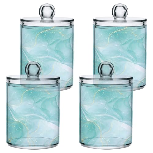 2 Pack Qtip Holder Dispenser Turquoise Marble Bathroom Storage Canister Lid 10 oz Acrylic Plastic Apothecary Jar Set Vanity Makeup Organizer for Cotton Swab (2 Count)