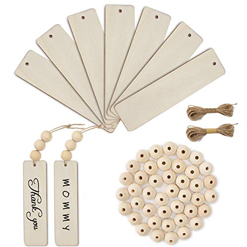 20Pcs Wooden Tags for Crafts with Holes and 50pcs DIY Wood Craft Beads for Wooden Blank Hanging Tags Ornaments with Ropes Wedding Birthday Party Decoration (72 Count)