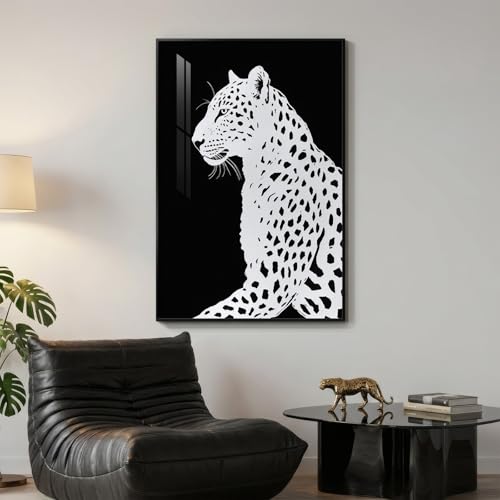 Large Framed Modern Black and White Leopard Wall Art