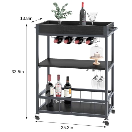 Bar Cart Serving Wine 3 Tier Home Rolling Rack with Wheels Mobile Kitchen Industrial Vintage Style Wood Metal Serving Trolley Serving Cart
