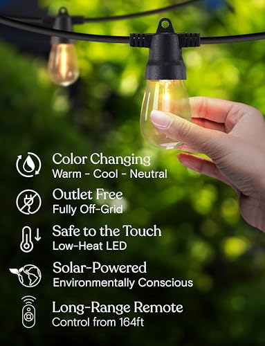 48 (42+6) FT Ambience Pro Outdoor Solar String Lights - Bright Remote Control Color Adjustable Solar Light - Commercial Grade, 15 Waterproof LED Bulbs for Patios, Camping, Yard, Outside (48 Foot)