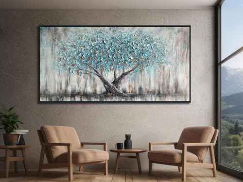 Framed Blue Tree Canvas Wall Art Extra Large Tree of Life Teal 58x29