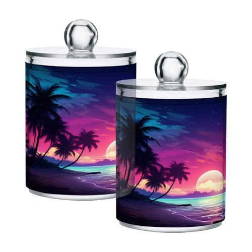2 Pack Qtip Holder Organizer Dispenser Palm Tree Beach Tropical Bathroom Storage Canister Cotton Ball Holder Container for Cotton Pads (2 Count)
