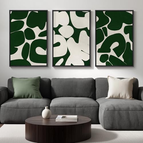 Large Framed Green White Abstract Wall Art for Living Room