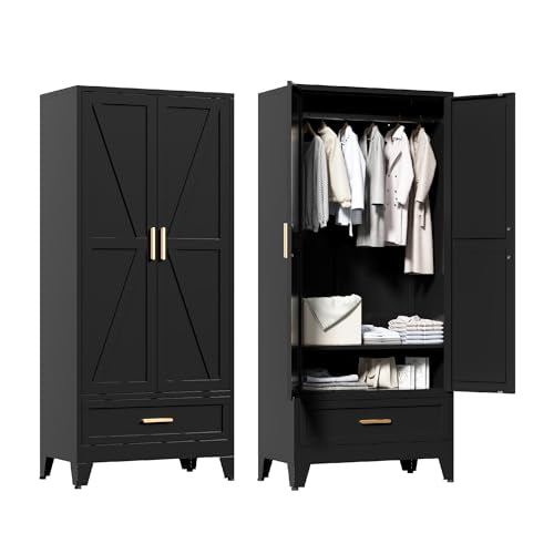 71'' Black Farmhouse Metal Wardrobe Cabinet with Hanging Rod