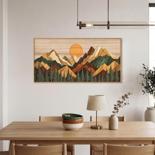 Boho Woodcut Style Mountain Framed Canvas Wall Art Set