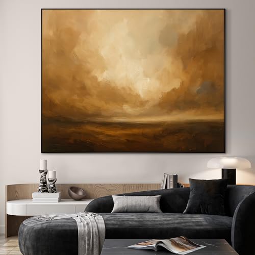36"x46" Extra Large Framed Wall Art Golden Horizon Abstract Landscape Warm Brown and Amber Sky Illustration for Home Living Room Bedroom Decor