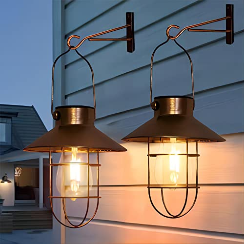 Solar Lanterns Outdoor Metal Solar Powered Hanging Lights Waterproof for Barn Wall Yard Garden Patio Garage Balcony Porch Fence Decor (2 Count)