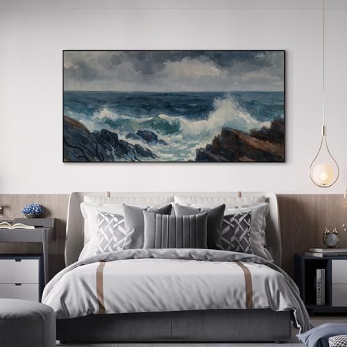 36"x72" Extra Large Framed Wall Art Rocky Seashore with Crashing Waves and Moody Sky for Home Living Room Bedroom Decor