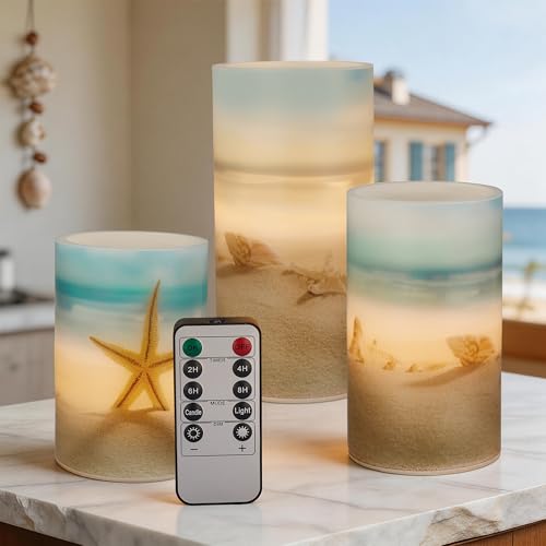 Beach Coastal Ocean Decor Seashell & Starfish Battery Flameless LED Candles (3 Count)
