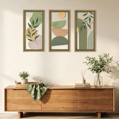 Boho Sage Green Wood Wall Art Framed 12X24 Inch Mid Century Minimalist Botanical Artwork Abstract Geometric Line Wall Decor for Living room Bedroom Set of 3