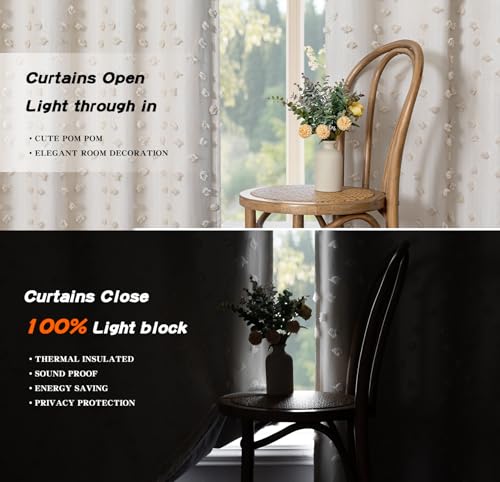 Beige Pom Pom Blackout Curtains for Girls Bedroom 63 Inch Long 100% Room Darkening Curtain for Kids Room 2 Panels Small Window Treatment Grommet 2 Layered Drapes Toddler 50W x 63L (2 Count)