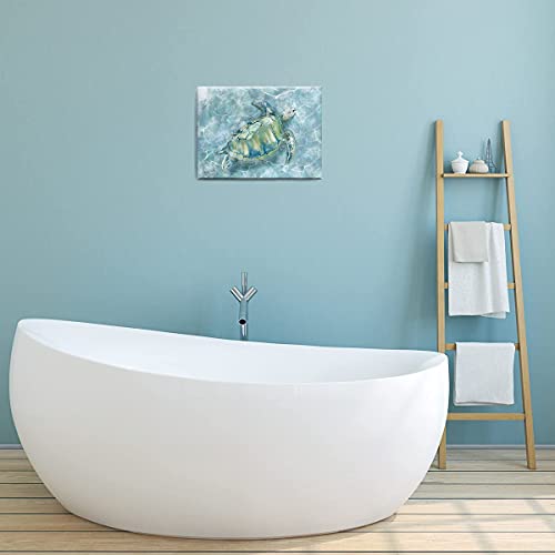 Bathroom Wall Decor Sea Turtle HD Pictures Print on Canvas Wall Art for Bedroom Kitchen Blue Coastal Room Decorations Art Work Green Turtle on Blue 12x16 inches