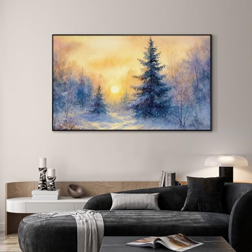 30"x60" Extra Large Framed Wall Art Winter Sunrise in Snowy Pine Forest Watercolor Style for Home Living Room Bedroom Decor