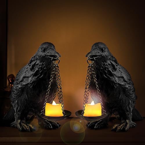 Gothic Crow Lamp with Tealight Candle Holder Resin Raven Decor Statue Gothic Home Decor for Bedroom Unique Goth Gifts Black 2PCS (2 Count)