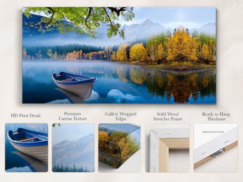 Lake Canvas Wall Art Landscape Blue Boat Painting Framed Large 48x24