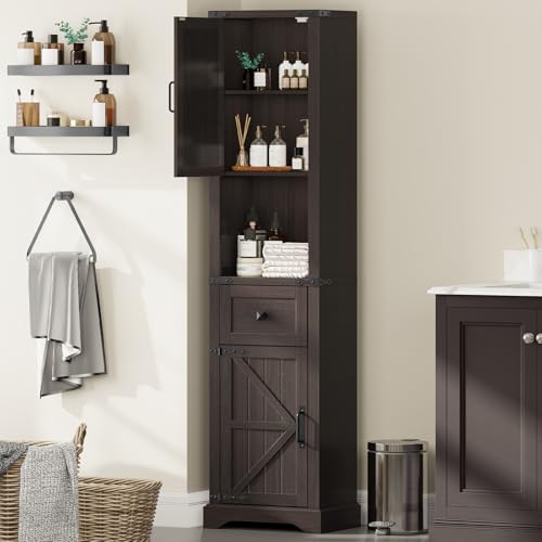 66" Tall Farmhouse Bathroom Storage Cabinet with Barn Door