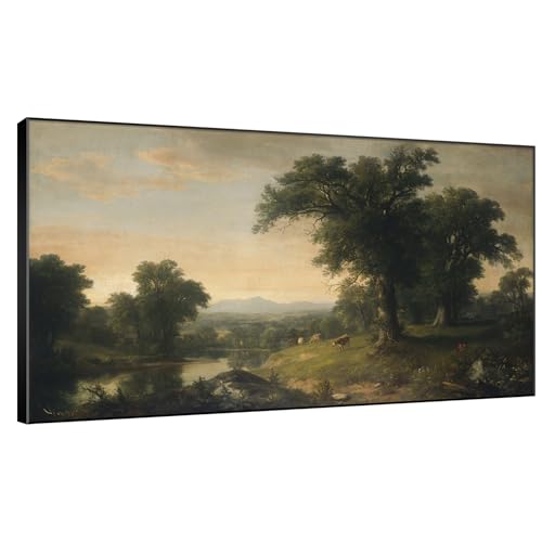 36"x60" Extra Large Framed Wall Art Classic River Valley Landscape Vintage Style Countryside with Trees and Cows Illustration for Home Living Room Bedroom Decor