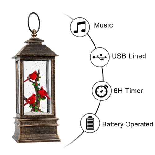 Christmas Snow Globe Lantern Water Glittering 10'' Cardinal with Music & Timer