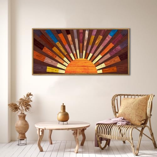 Extra Large Wood Sun Framed Wall Art 20x40 Inch Boho Sunrise 3D Geometric Wall Decor Mid century Sunshine Painting for Living room Bedroom Dining room Single