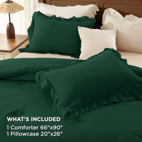 Dark Green Twin Size Ruffle Comforter Set