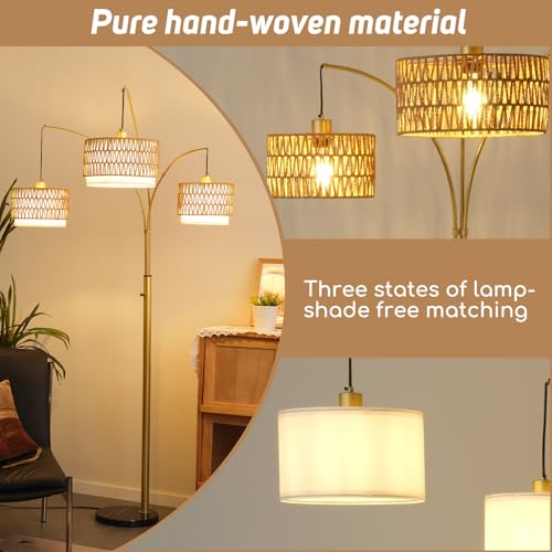 80'' Brushed Gold Rattan Arc Floor Lamp for Living Room