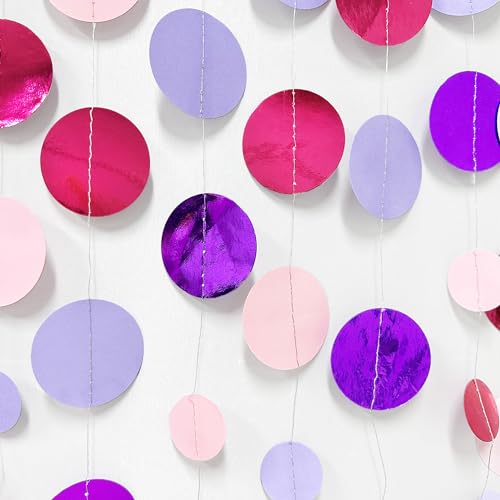 Pink and Purple Party Decorations Circle Dots Garland Hot Pink Lavender Hanging Polka Dot Streamer for Birthday Bridal Shower Wedding Bachelorette Anniversary Party Supplies