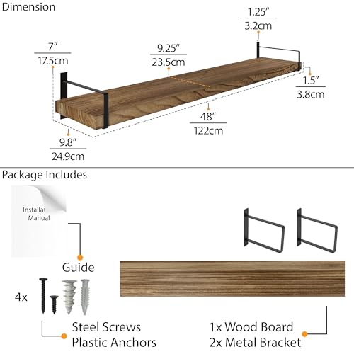 Toledo 48 inch Floating Shelf with Heavy Duty Bookend Brackets