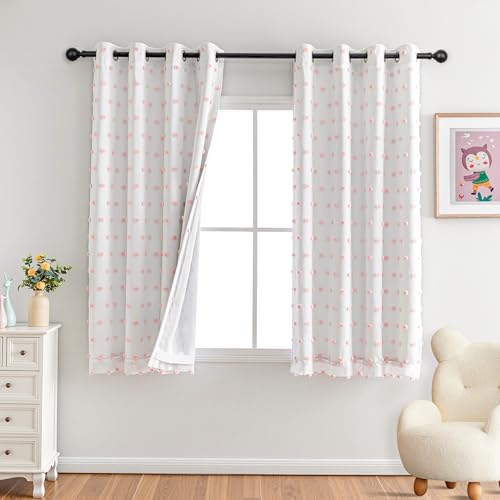 Pink Pom Pom Blackout Curtains for Girls Bedroom 63 Inch Long 100% Blackout Curtains for Kids Room 2 Panels Room Darkening Small Window Treatment Grommet 2 Layered Drapes Toddler 50W x 63L (2 Count)