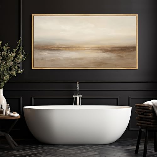 Extra Larg Framed Canvas Print Wall Art Neutral Beige Horizon Abstract Modern Minimalist Landscape Illustrations Decorative Colorful for Bedroom
