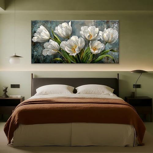 Large Canvas Wall Art Decor White Tulip Flower Canvas Art Wall Decor For Living Room Modern Floral Botanical Wall Art Prints Elegant Nature Flower Wall Art For Bedroom Home Office Wall Decor 24"×48"