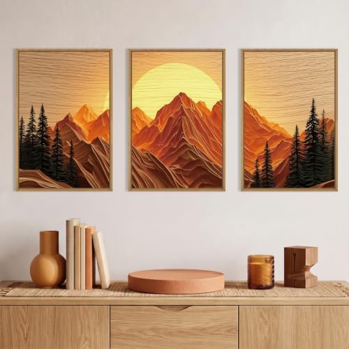 Large Boho Golden Mountain Framed Canvas Wall Art Set