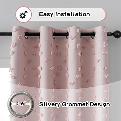 100% Blackout Curtains for Nursery Thermal Insulated Blush Pink Pom Pom Curtain 72 Inch Length for Girls Bedroom 2 Panels Grommet White Sheer Drapes for Kitchen Dining Room Door (2 Count)