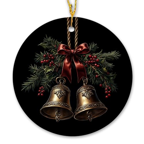 Vintage Holly Berry Gold Bell Christmas Ceramic Ornament Gifts