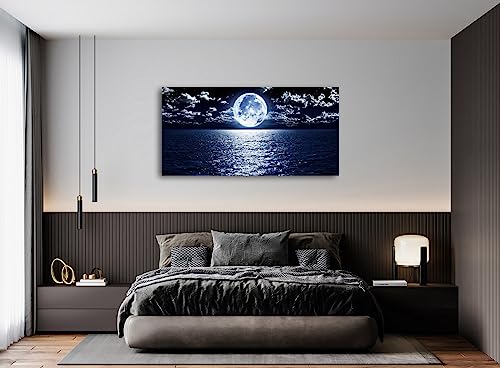 S06975 Wall Art Canvas Prints Moon Sea Ocean Landscape 1 Panels Full Moon in Cloud Pictures Paintings Stretched and Framed for Living Room Bedroom Kicthen Office Artwork 30x60inch