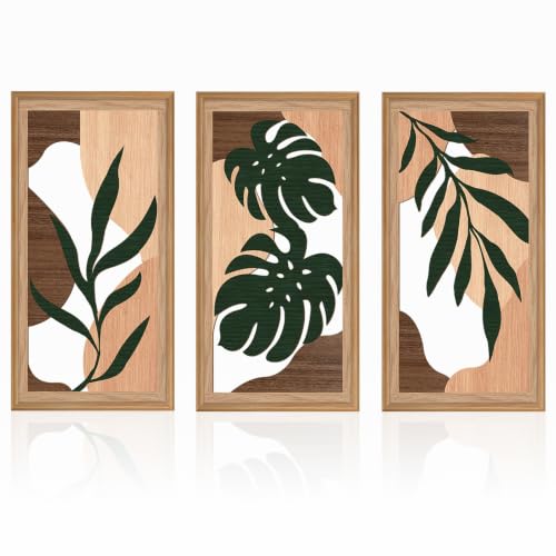 Boho Wood Tropical Framed Wall Art 12X24 Inch Large Mid Century Palm Leaves Wooden Wall Decor Minimalist Botanical Artwork for Living room Bedroom Set of 3