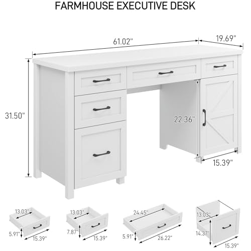 Farmhouse 61'' Executive Desk with 5 Drawers