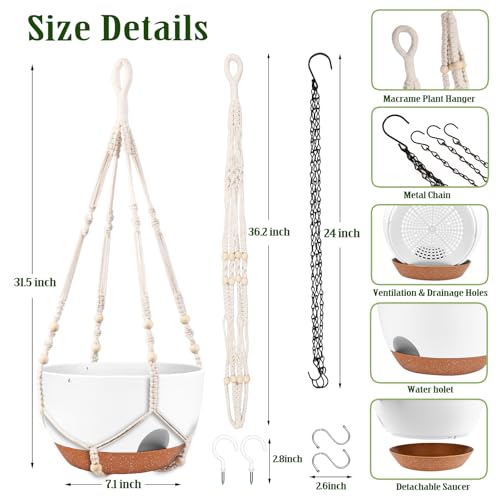 10 Inch Self Watering Hanging Planters with Metal Chain & Macrame Hangers (2 Count)