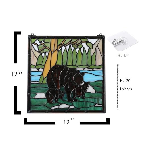 Stained Glass Window Hanging 12" Square Tiffany Animal Style Brown Bears Suncatcher Wall Decor Art Panel Includes 20" Chain and Hooks The Perfect Housewarming Gift