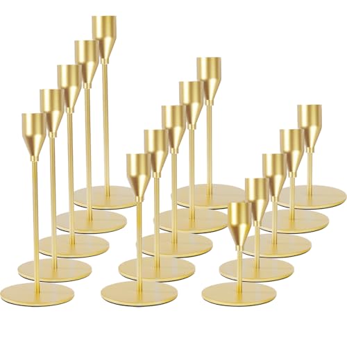 Matte Gold Candle Holders Bulk Painted Gold Metal Candlesticks Fit 0.8 Inch Taper Candles Decorative Metal Candelabra for Wedding Home Holiday Anniversary Party Dinning Table Decors (15 Count)