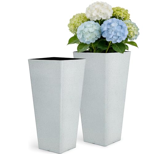Autodaya 28" Plant Pots Tall Planters for Outdoor Plants Set of 2 with Tray (2 Count)