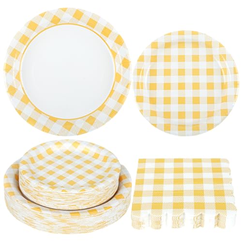 150 Pcs Yellow Gingham Paper Plates and Napkins (150 Count)