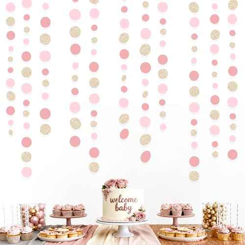Champagne Gold Rose Pink Polka Dot Garland Champagne Dusty Pink Circle Dot Hanging Streamer Banner for Birthday Bridal Shower Wedding Engagement Retirement Boho Party Decorations Supplies